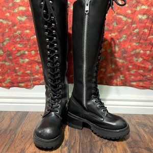 Muro Leather Knee High Matte Black Lace Up Boots